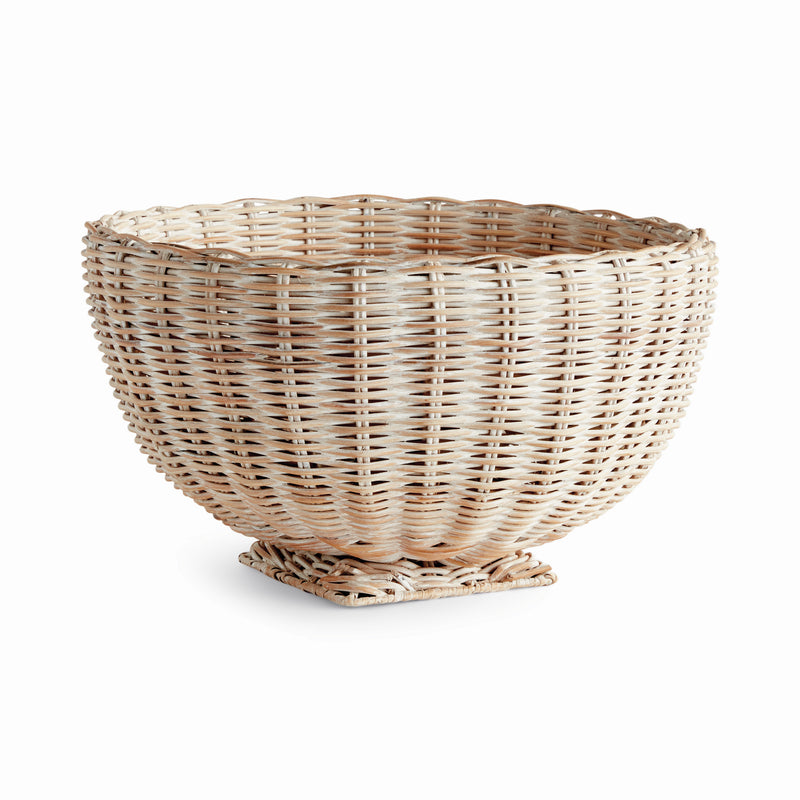 Woven wicker bowl with square base on white background
