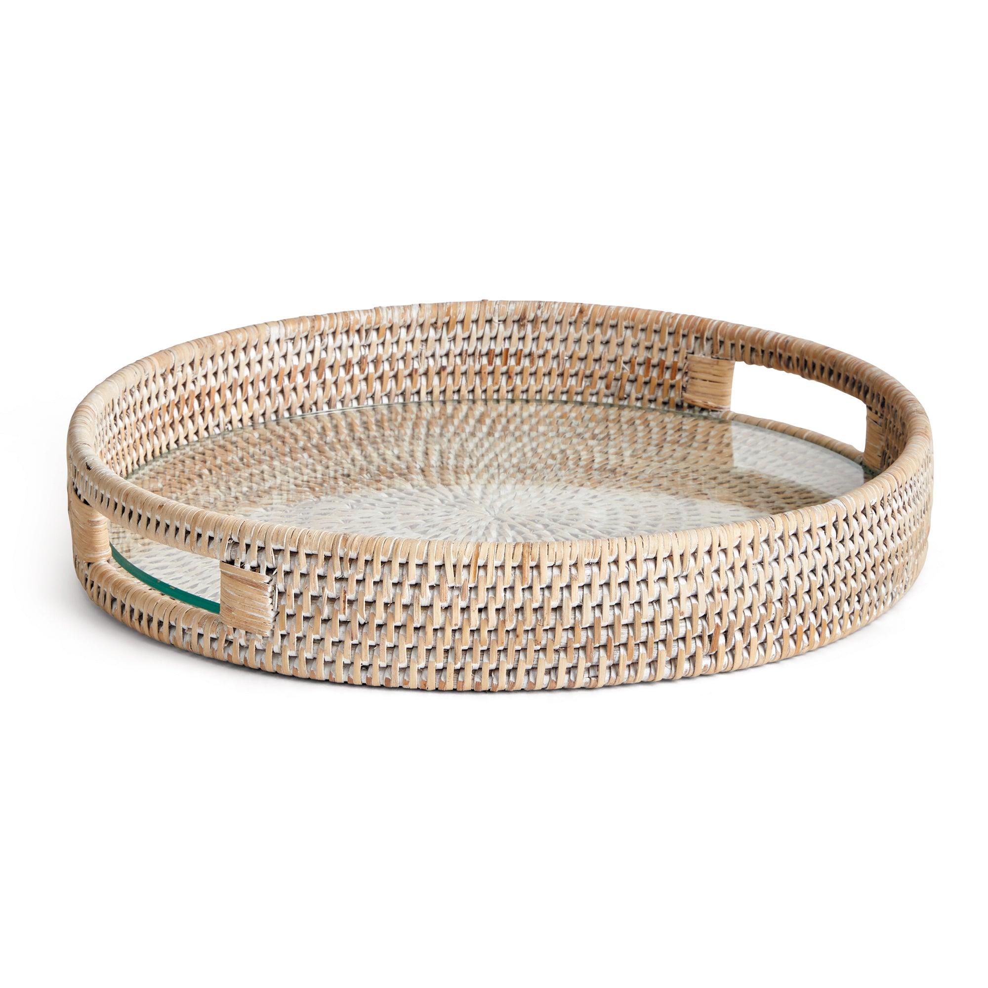 Round woven tray with handles and glass insert on white background