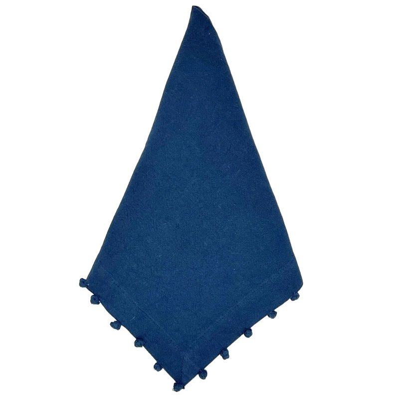 Navy Blue Cotton Napkin, Pom-Pom Border - Set of 8