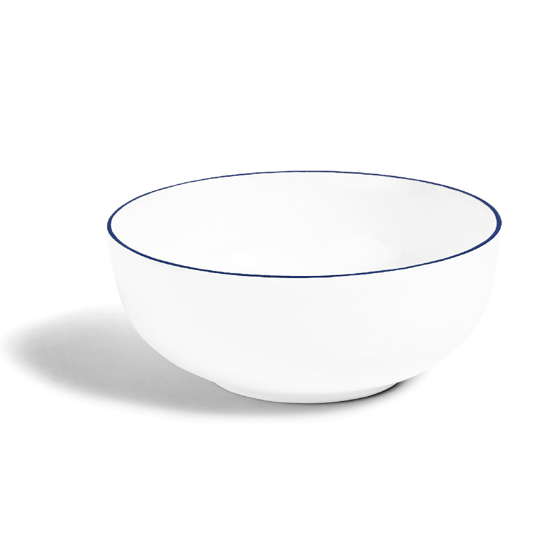 White bowl with blue rim on a white background