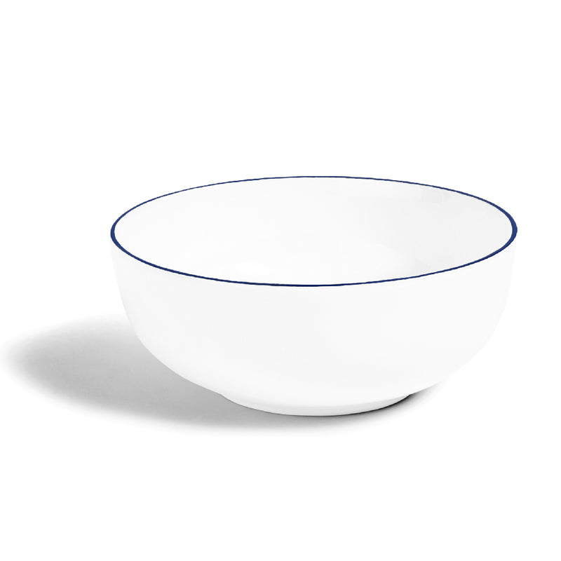 White bowl with blue rim on a white background