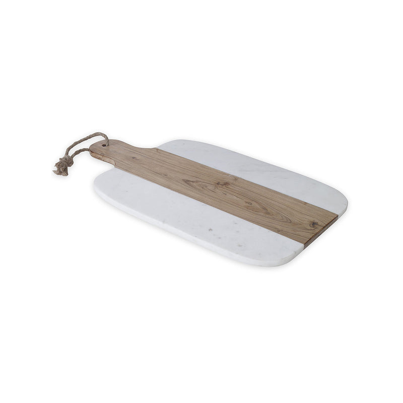 White cutting board with wooden handle on a white background