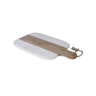 White cutting board with wooden handle on a white background