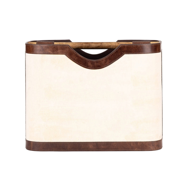Rectangular bag with a cream-colored front panel and brown leather sides on a white background
