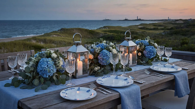 A beautifully set outdoor dining table on a beach at sunset, decorated with blue hydrangea flower arrangements, lit lanterns, clear glassware, and white plates with blue floral accents, overlooking the ocean and dunes.