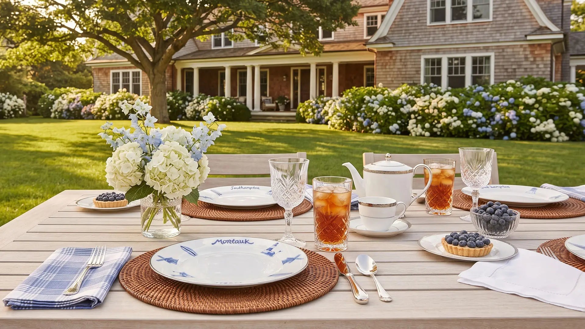 An outdoor dining table set with white plates, blue floral accents, woven placemats, glasses, iced tea, blueberries, and a floral centerpiece, set in a lush green backyard with a large house in the background.