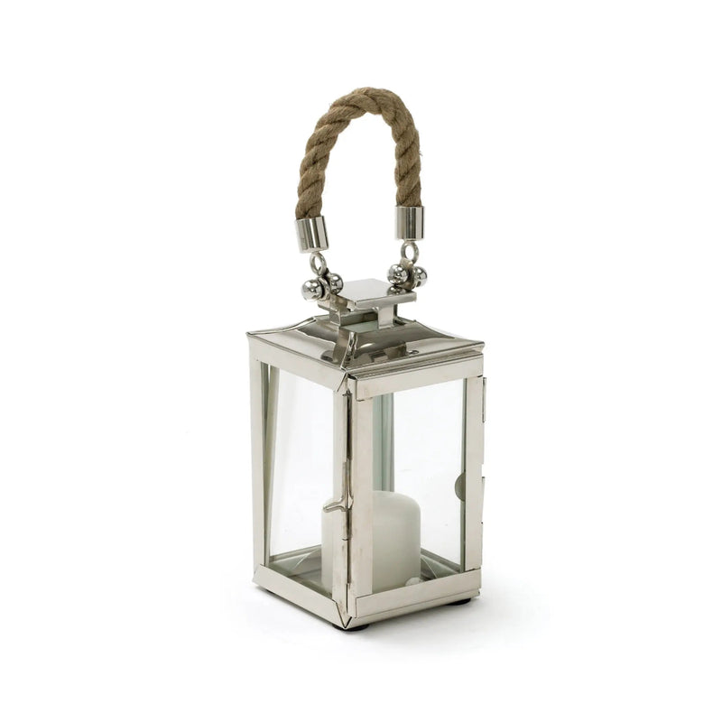 Silver lantern with a rope handle on a white background