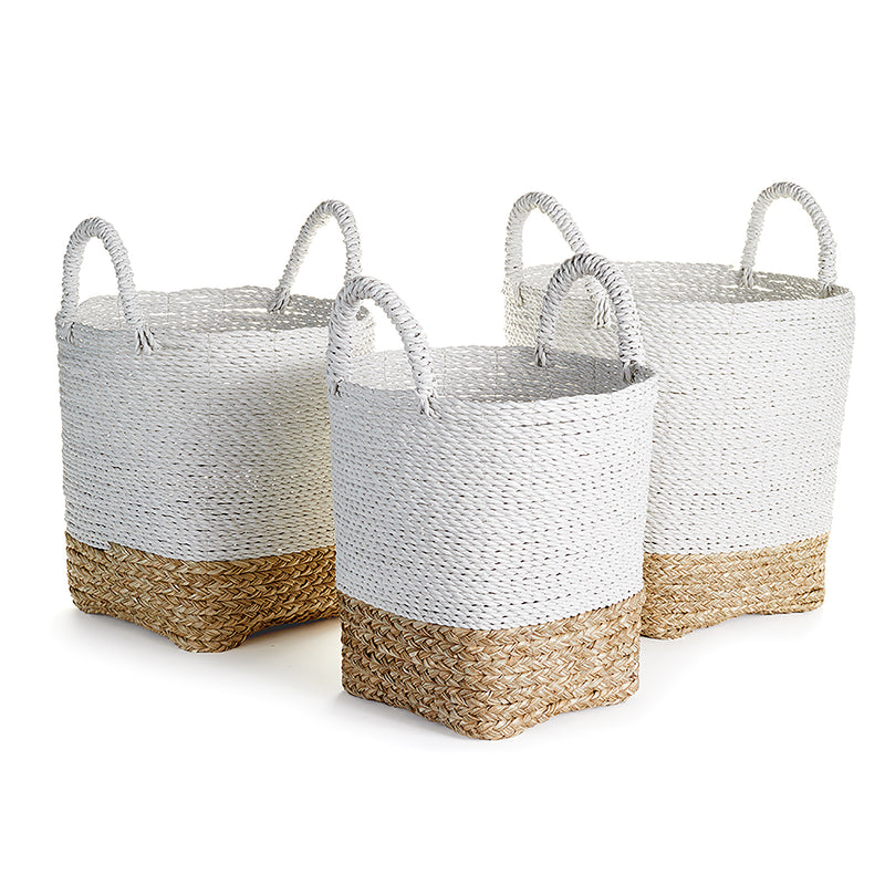 3 white and natural woven baskets with handles on white background