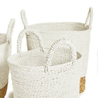3 white and natural woven baskets with handles on white background