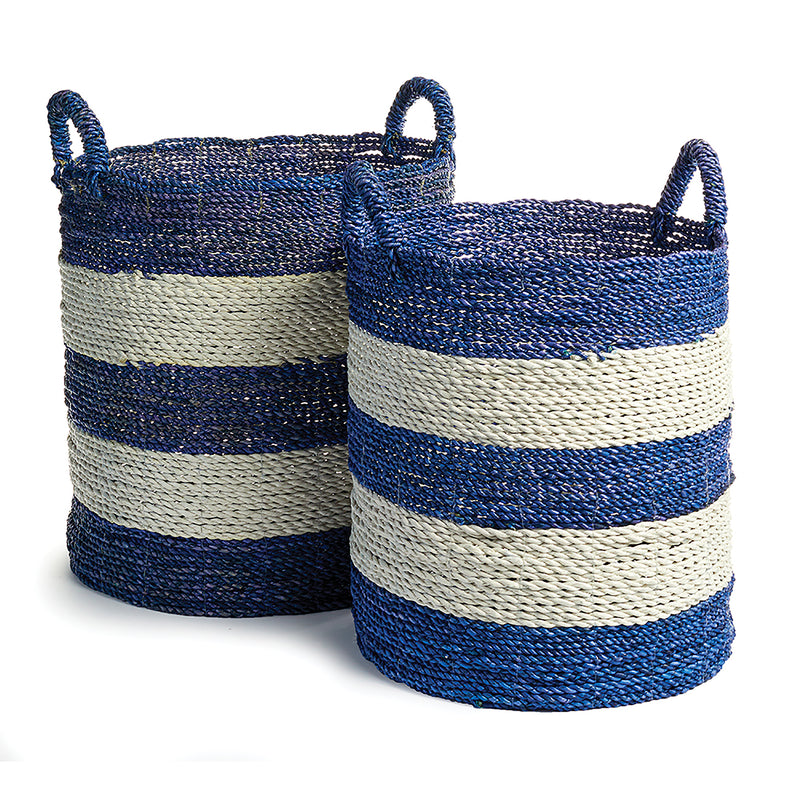 2 blue and white stripe rattan baskets with handles on white background