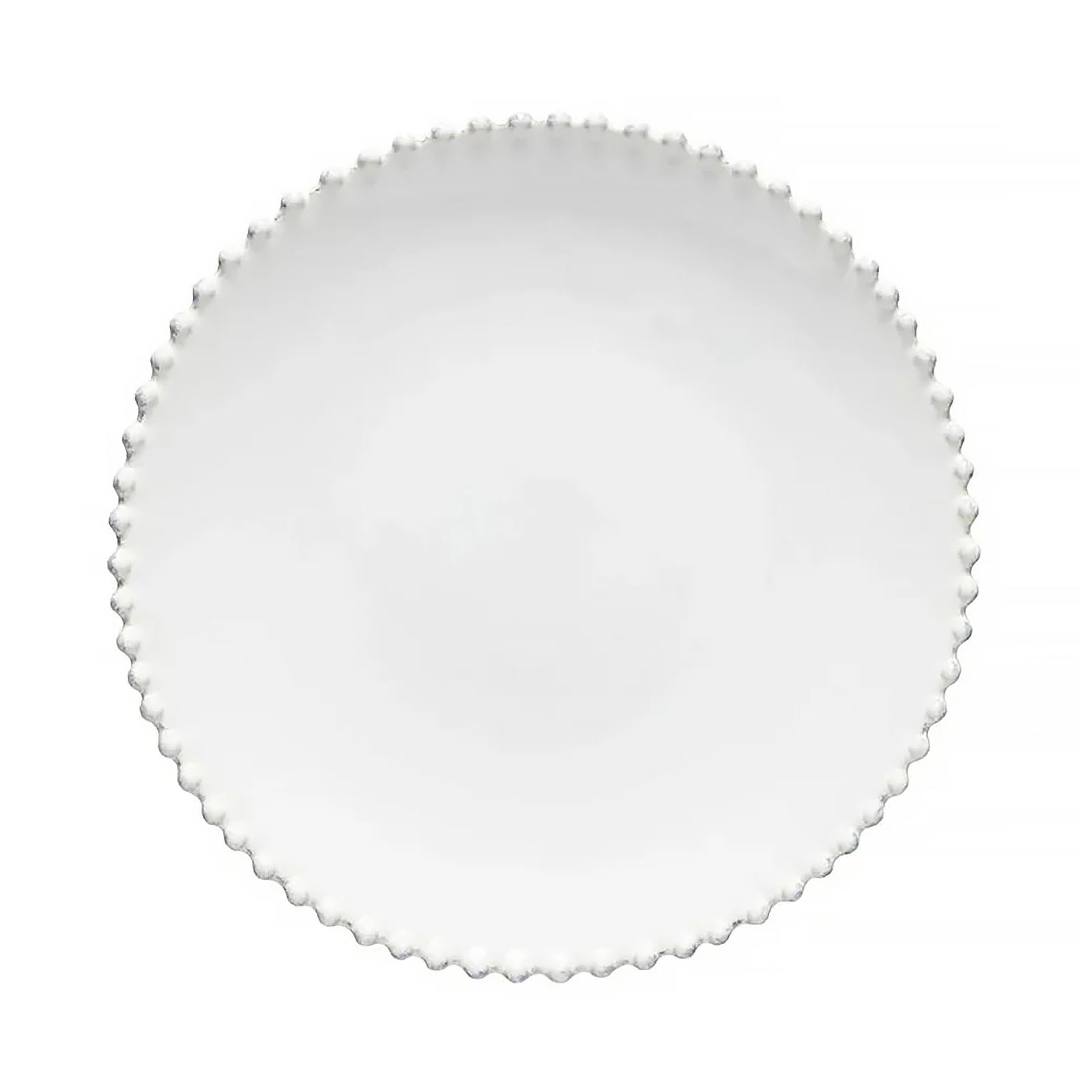 Round white plate with scalloped edge on a white background