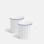 Two white mugs with blue stripes on a white background