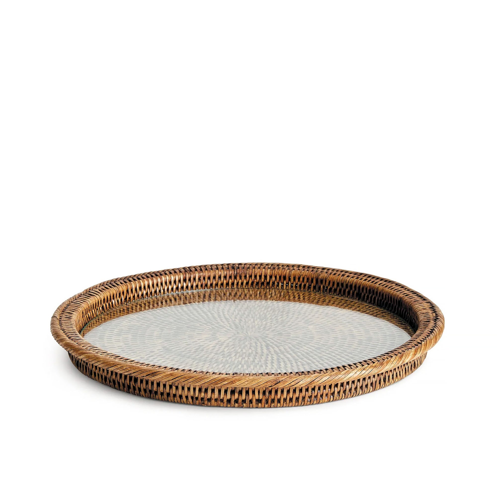 Woven rattan tray on a white background