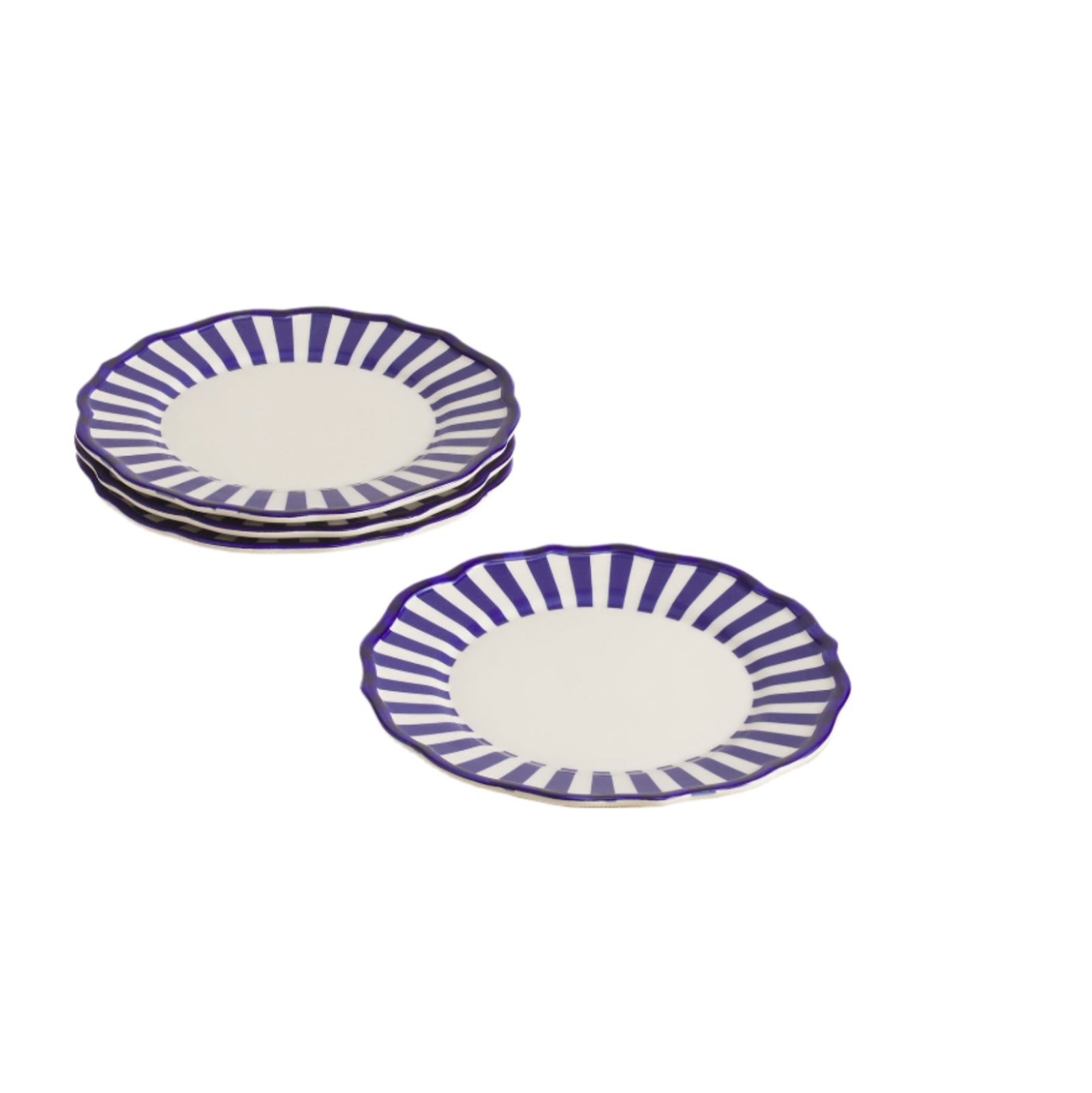Set of three ceramic plates with blue striped design on a light gray background