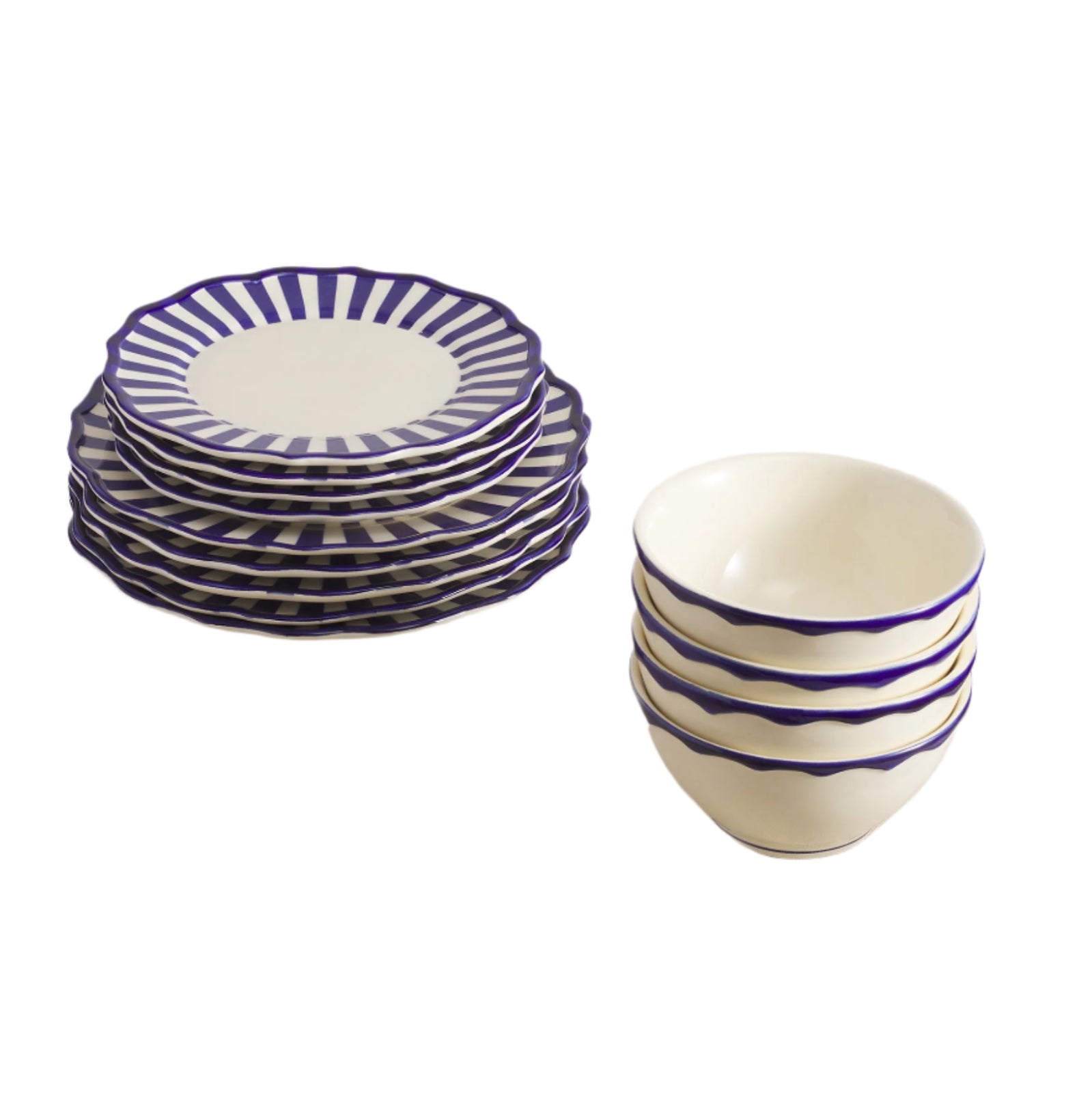 Set of 12 white ceramic dinner plates, side plates and cereal bowls with blue stripes on a light surface.
