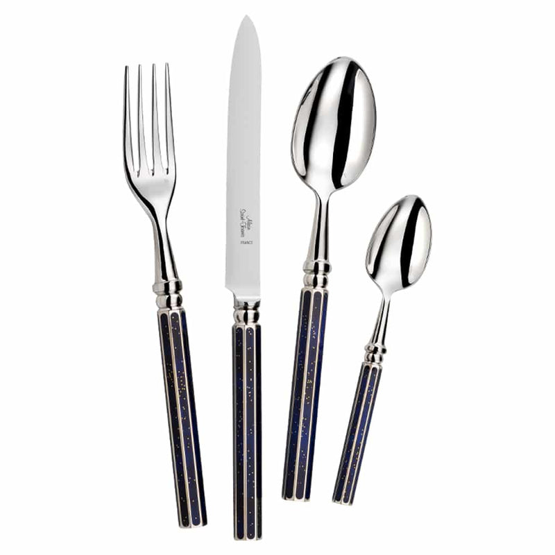 A set of flatware with silver-plated handles and blue accents, including a dinner knife, dinner fork, soup spoon, and teaspoons.