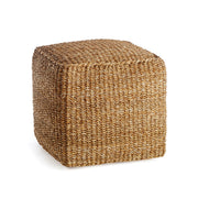 Woven brown cube stool on white background