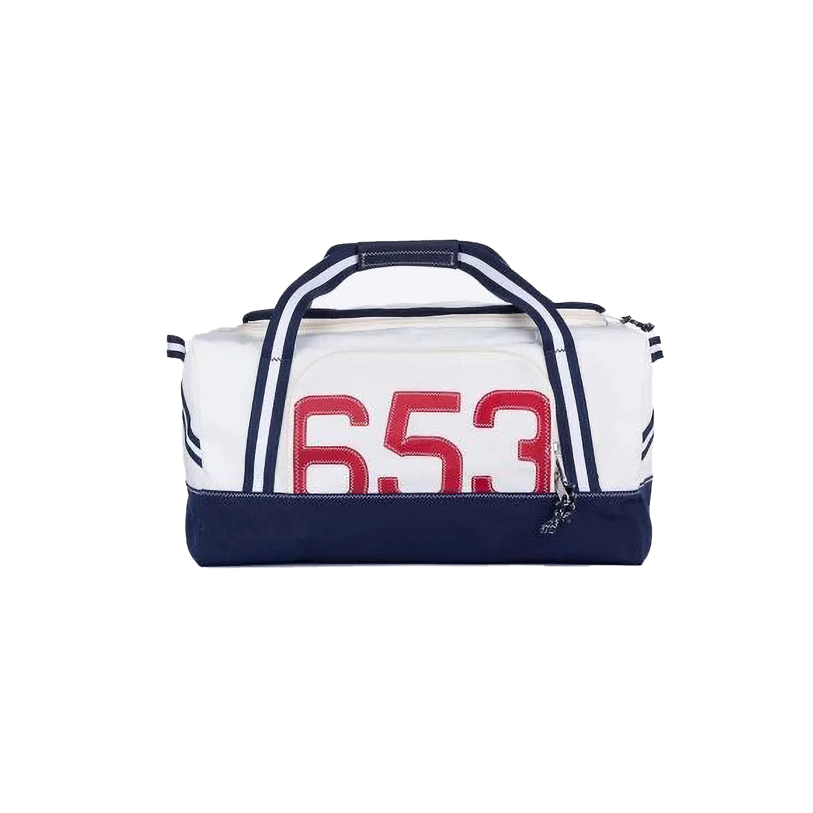 White duffel bag with red number '653' and navy accents on a white background