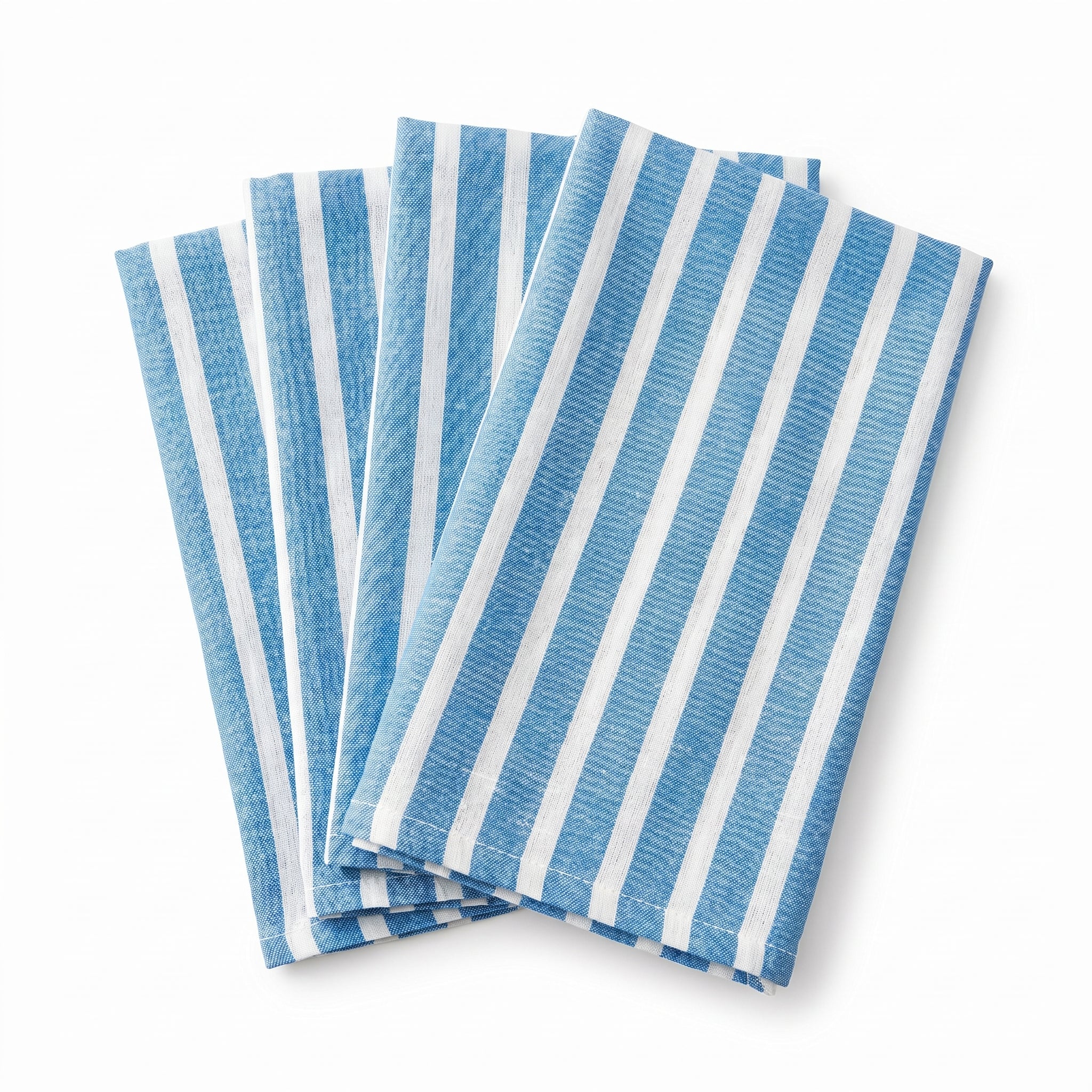 Set of blue and white striped napkins on a white background