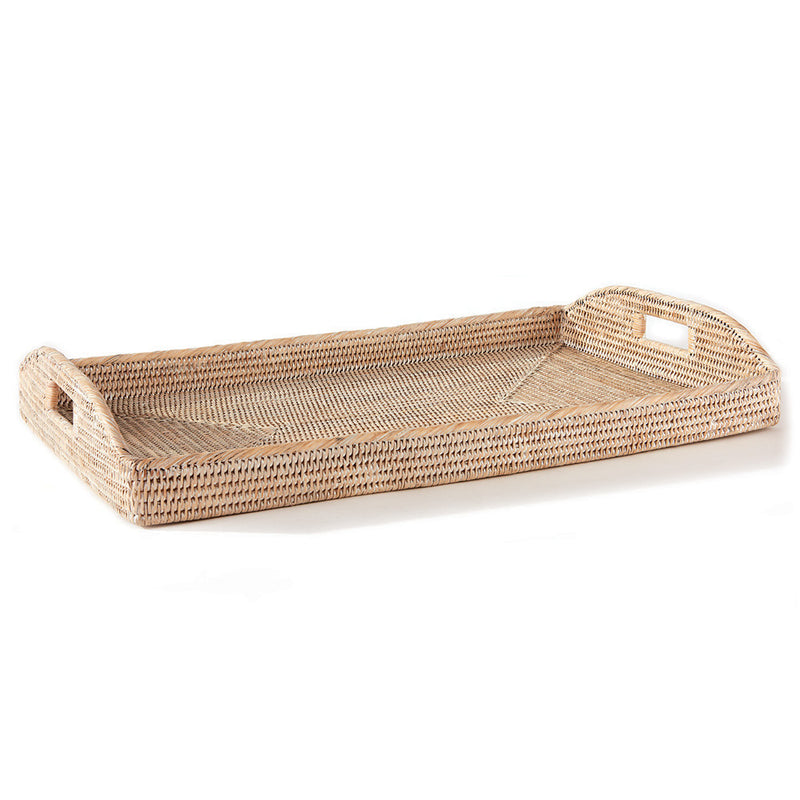 Woven long tray with handles on white background