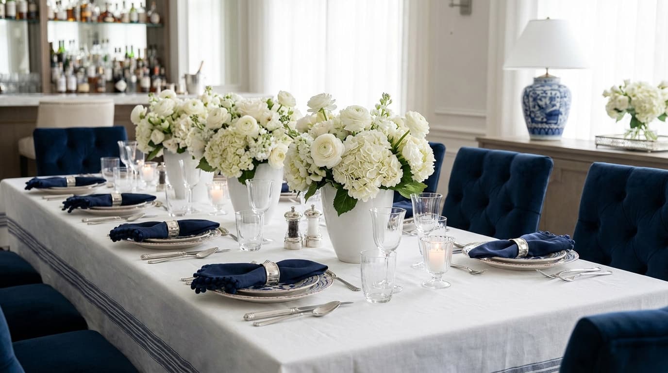 Elegant dining table setting with white flowers, blue napkins, and silverware in a formal dining room.