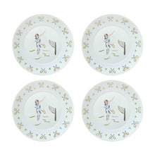 Four ceramic plates with a tennis player design on a light blue background.
