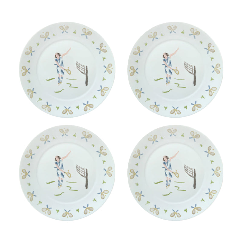 Four ceramic plates with a tennis player design on a light blue background.
