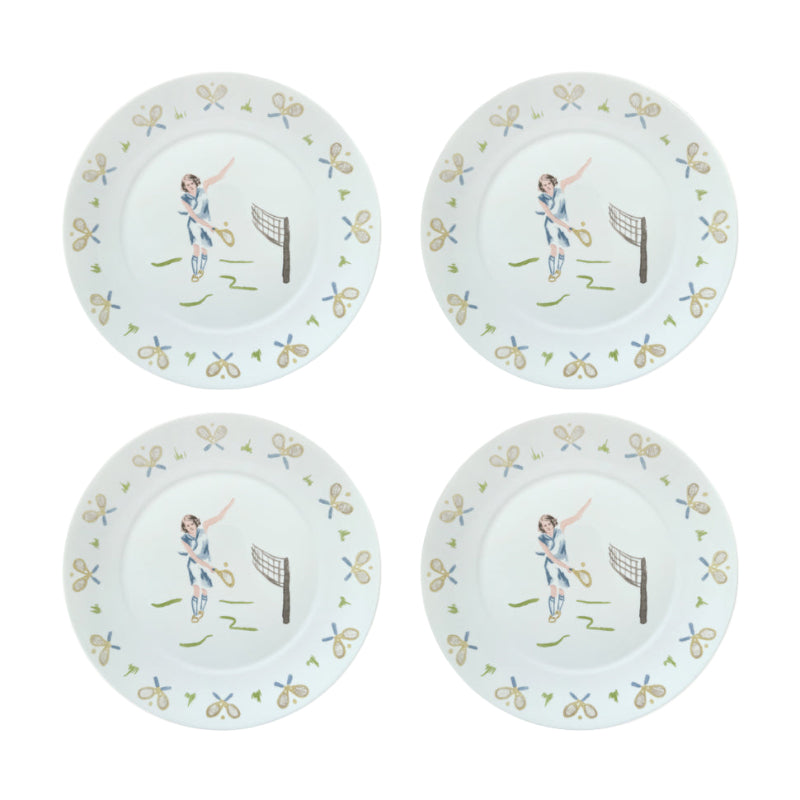 Four ceramic plates with a tennis player design on a light blue background.