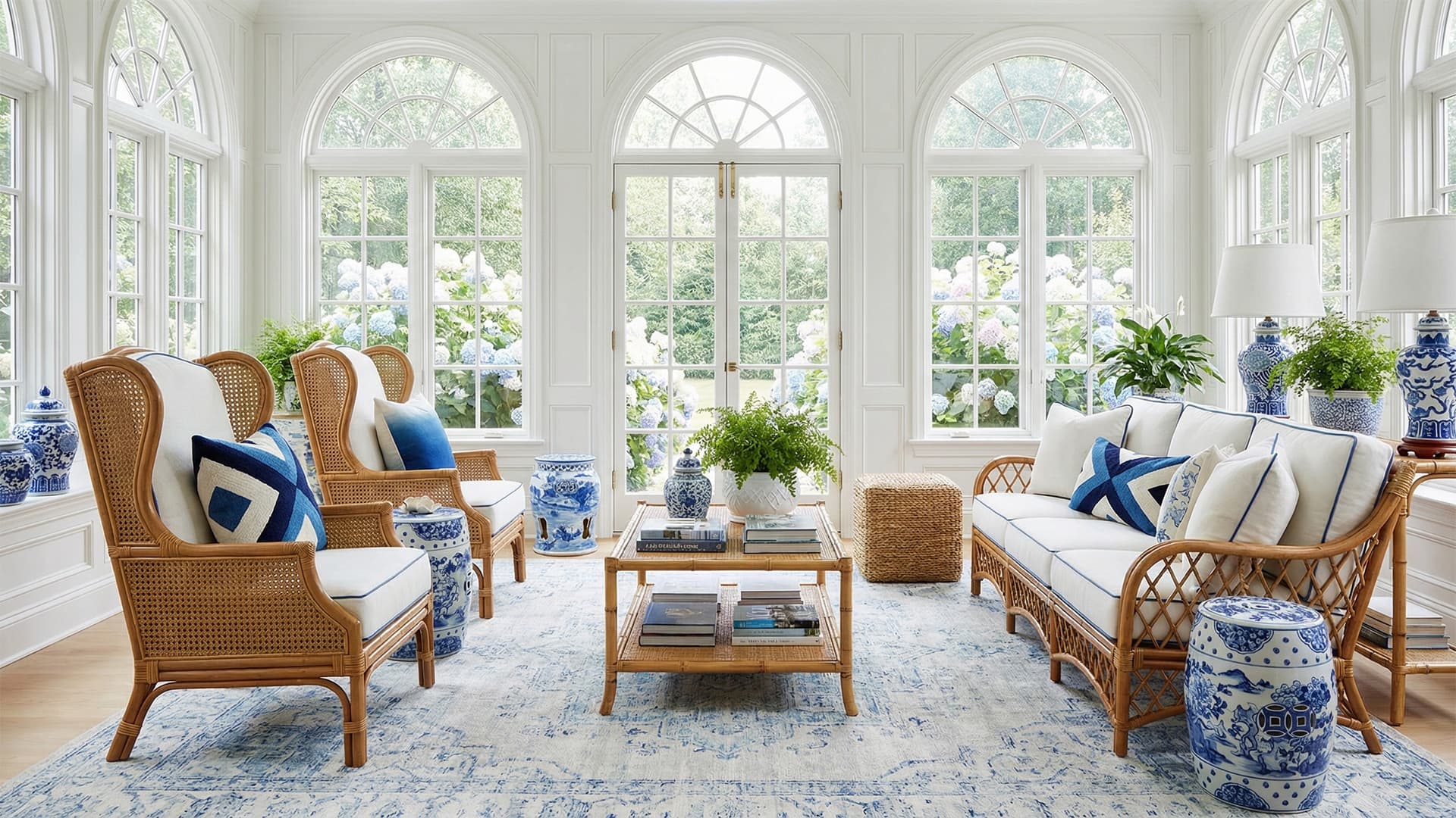Living room with wicker furniture, blue and white decor, and large windows.