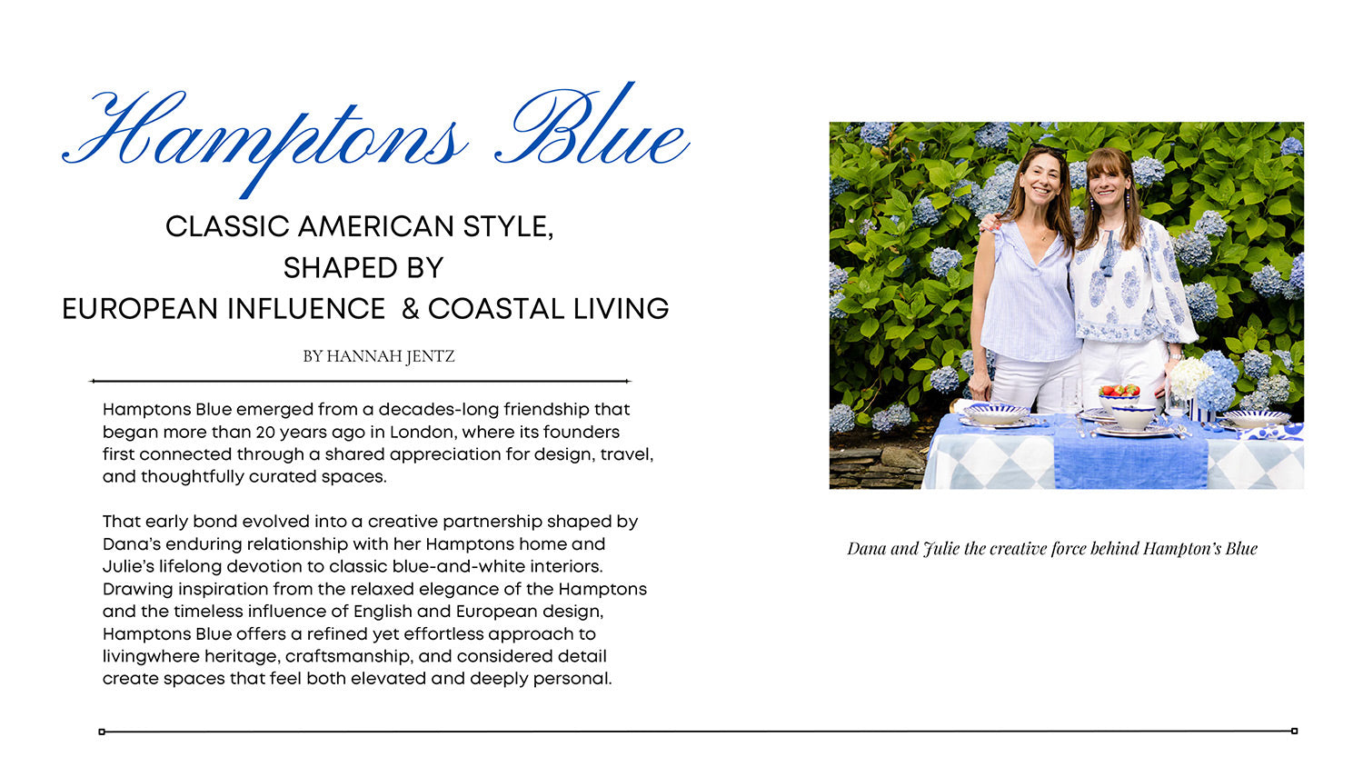 Advertisement for Hamptons Blue with lifestyle image of two women and product images of blue-themed items.