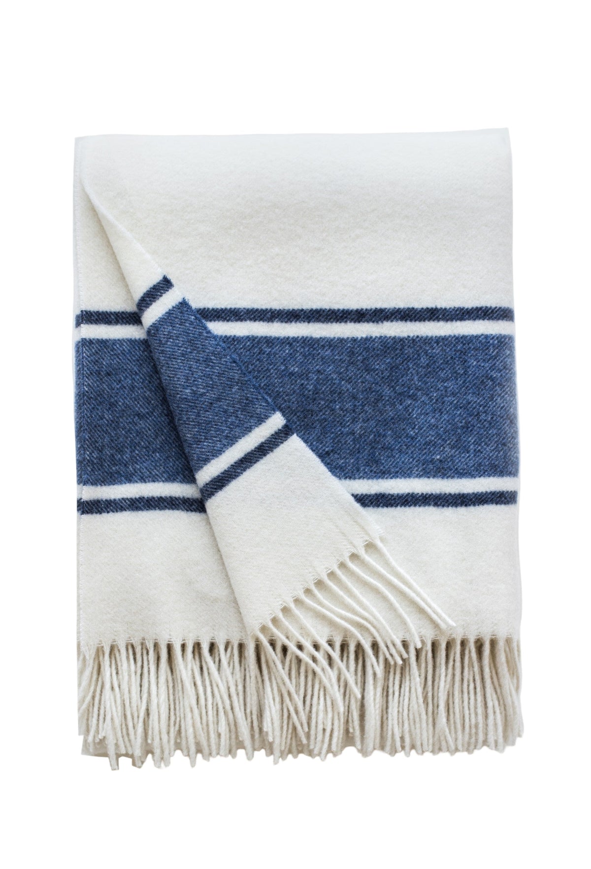 White wool throw with blue stripe on white background