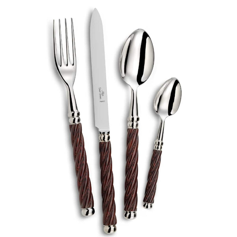 A set of flatware with wooden handles and silver-colored metal parts, including a fork, knife, soup spoon, and teaspoons.