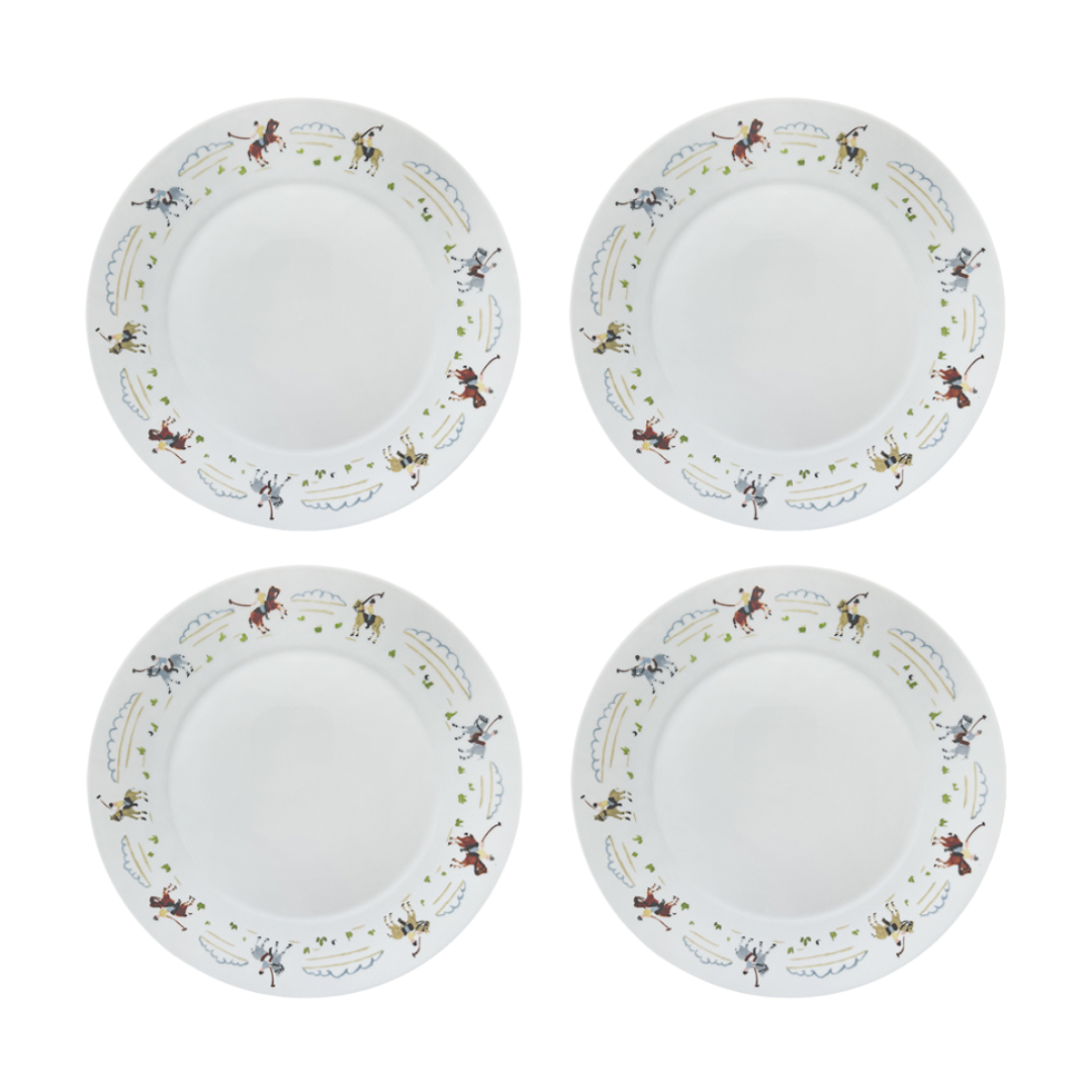Set of 4 porcelain dinner plates decorated with polo players around the rim on a white background.