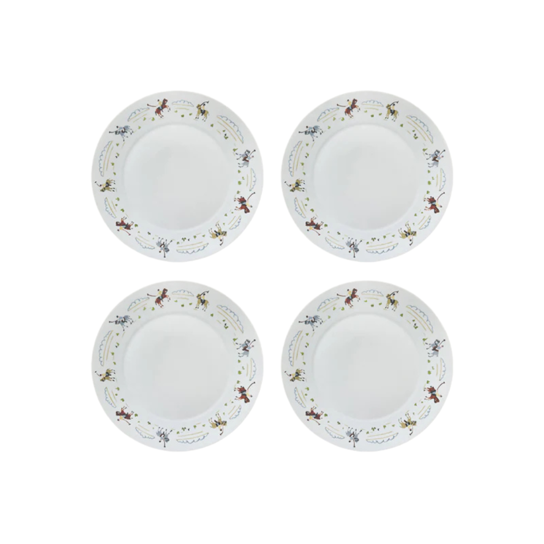 Set of 4 porcelain dinner plates decorated with polo players around the rim on a white background.