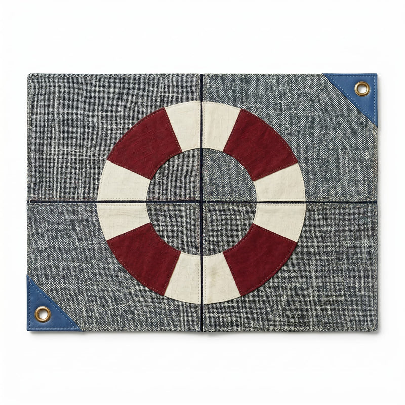Fabric panel with a life buoy design on a gray background