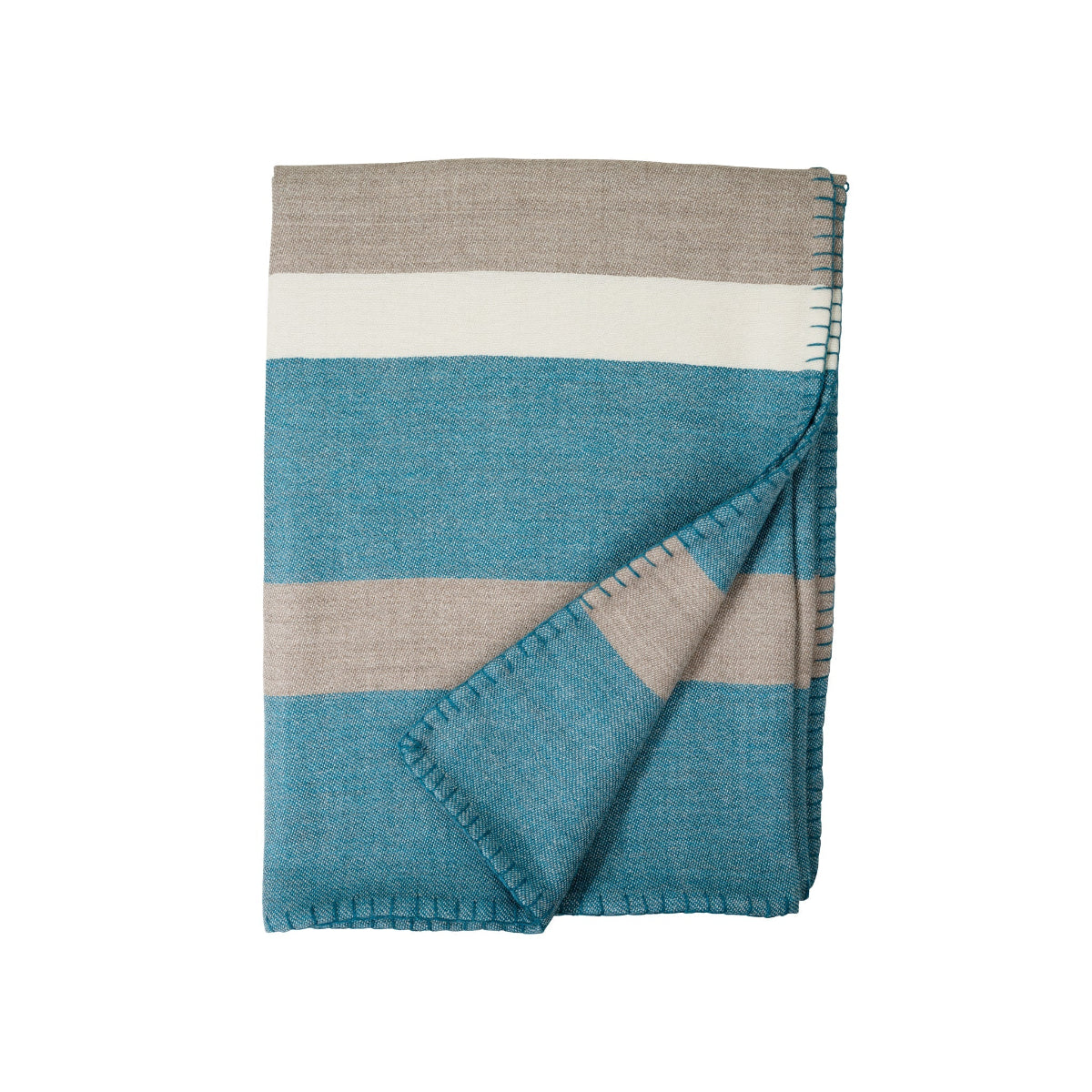 Folded blanket with blue, beige, and white stripes on a white background