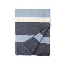 Folded blanket with blue, gray, and white stripes on a white background