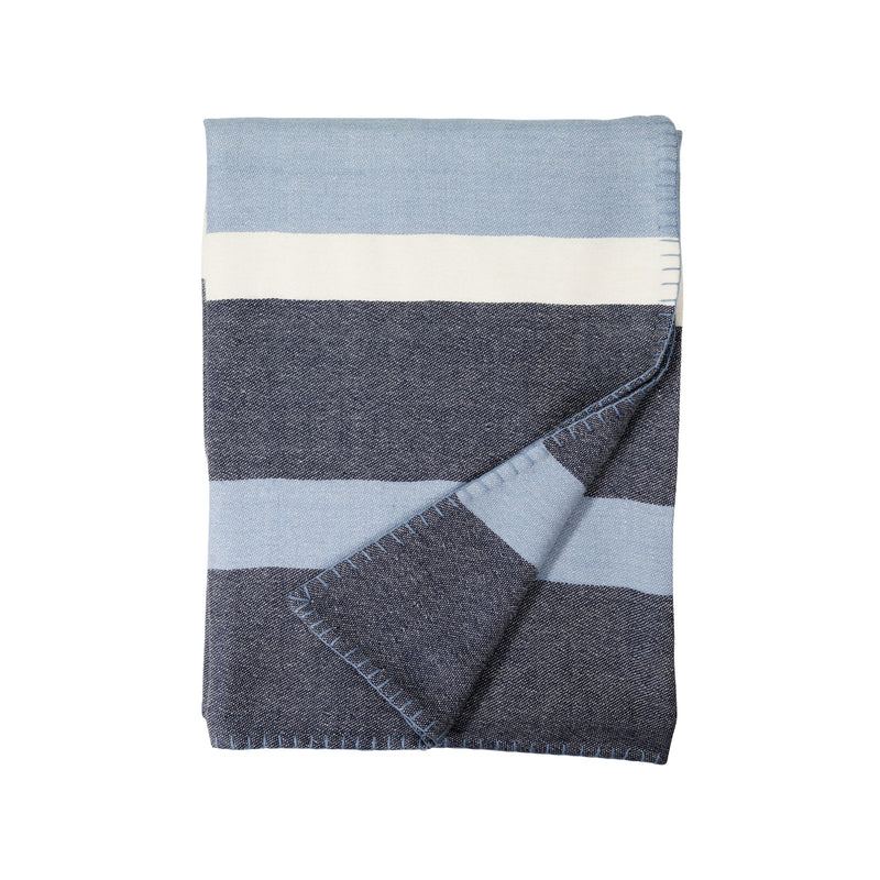 Folded blanket with blue, gray, and white stripes on a white background