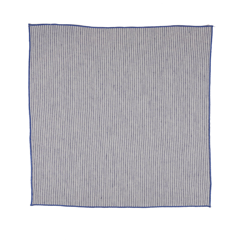 Striped fabric square with blue border on a white background