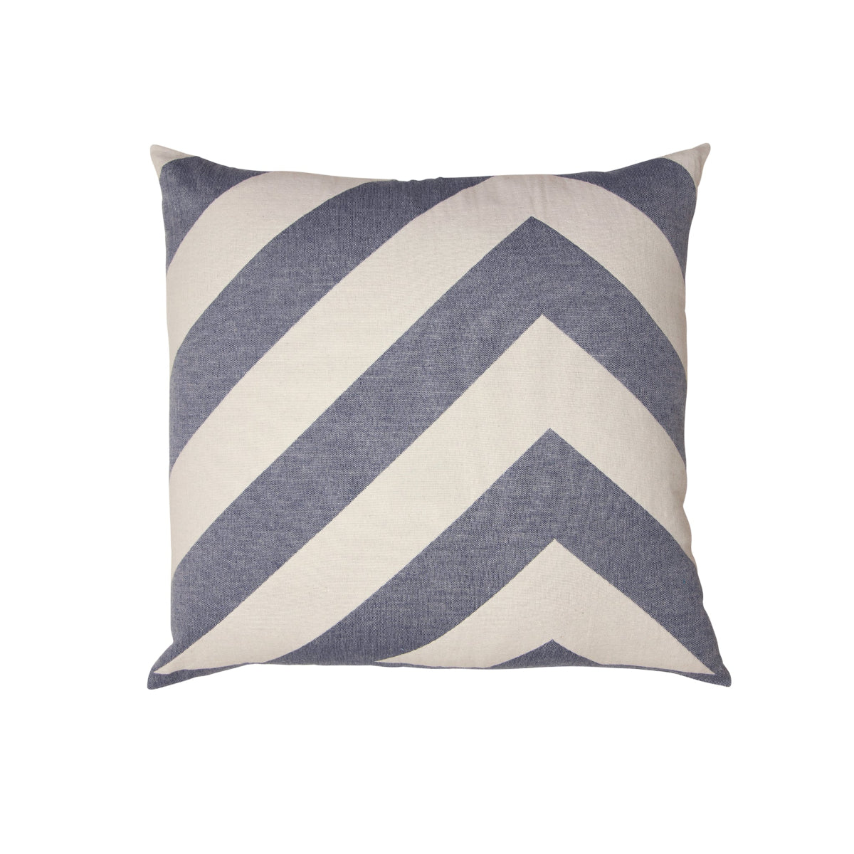 Decorative pillow with blue and white chevron pattern on a white background