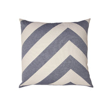 Decorative pillow with blue and white chevron pattern on a white background