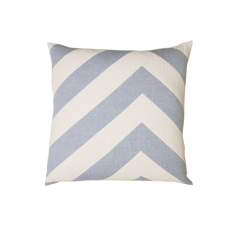 Decorative pillow with blue and white chevron pattern on a white background
