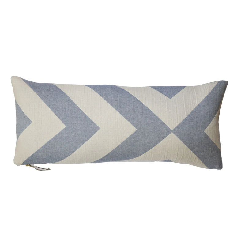 Rectangular pillow with blue and beige chevron pattern on a white background