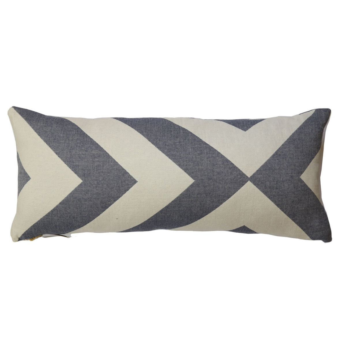 Rectangular pillow with gray and beige chevron pattern on a white background