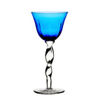 Blue glass goblet with a twisted stem on a white background