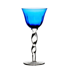 Blue glass goblet with a twisted stem on a white background