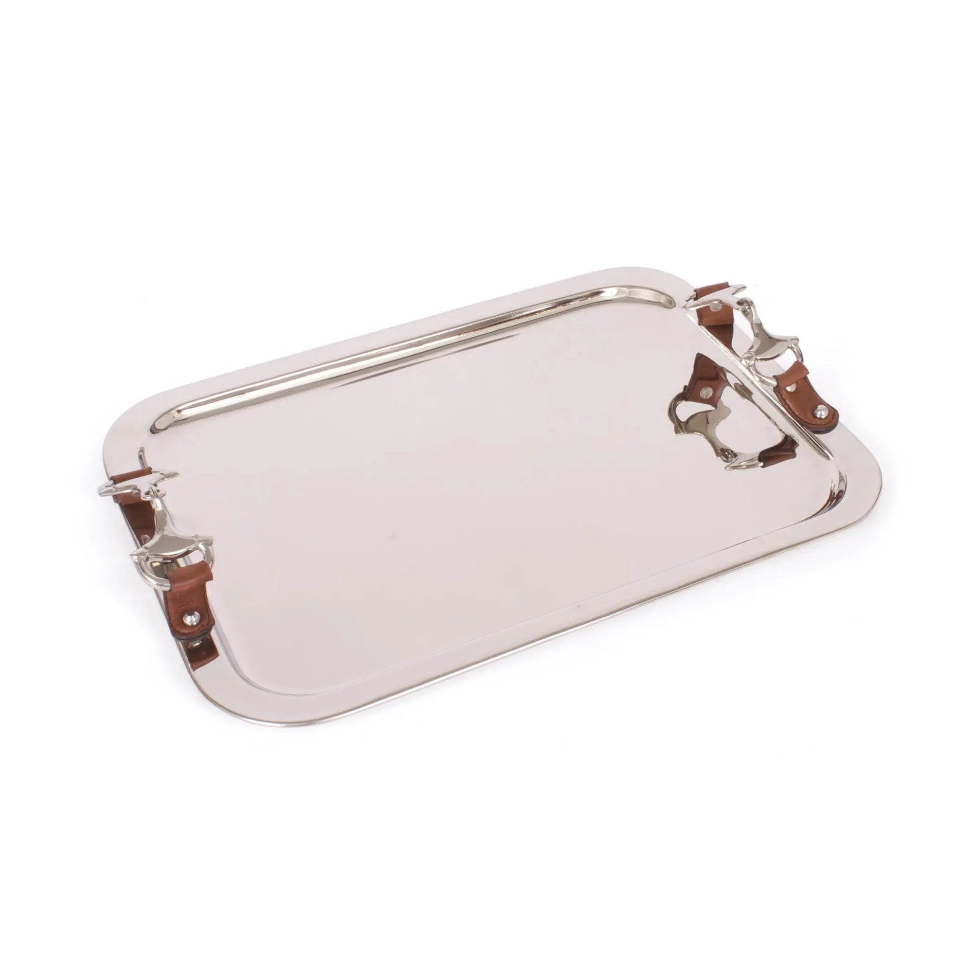 Silver tray with brown leather straps on a white background