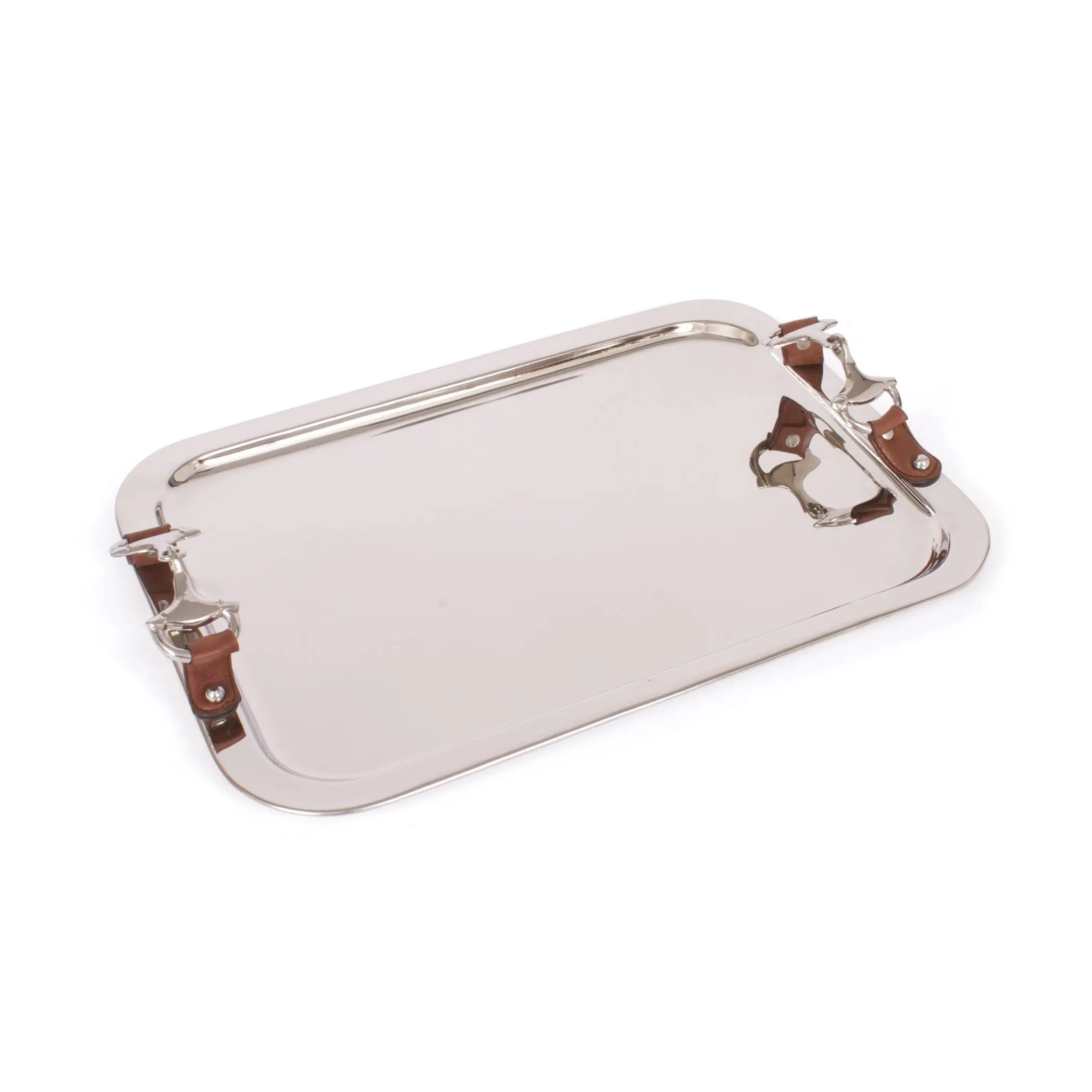 Silver tray with brown leather straps on a white background