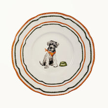 Decorative plate with a dog illustration and colorful rim on a white background