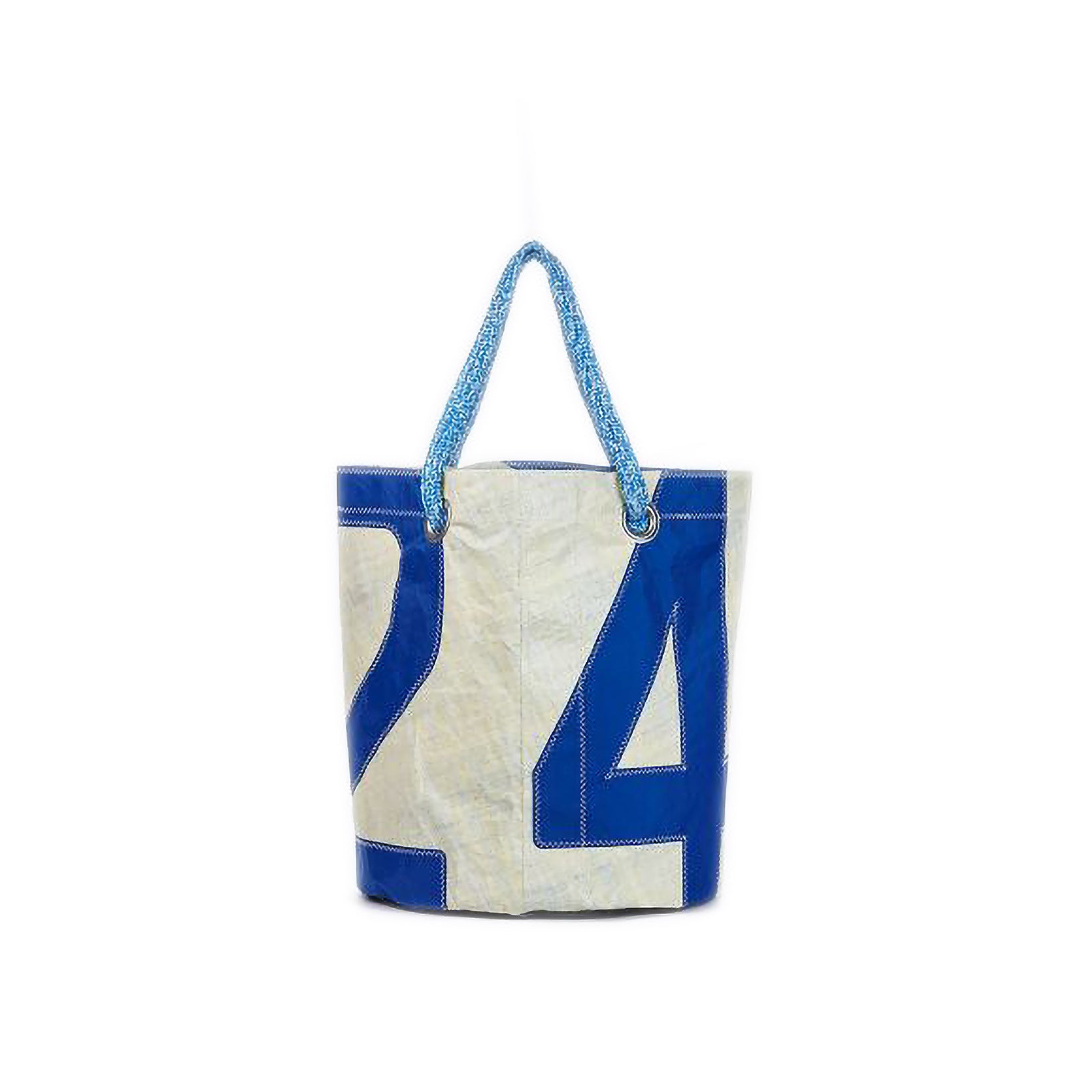 Tote bag with blue number '24' on a white background